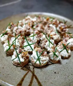 Hyper-focused photo miniature smoked trout toasts