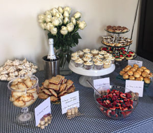 Dessert table with various cookies, cupcakes and pastries