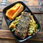 Sauteed bok choy, sesame-crusted salmon, honeynut squash